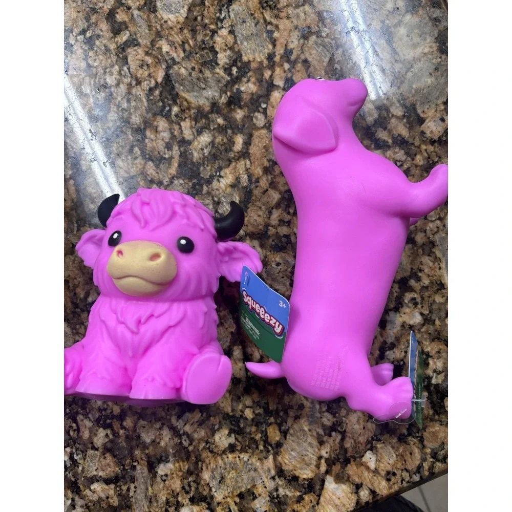 Sunny Days Squeeezy Highland Cow & dachshund and Squishy Fidget Toy Pink